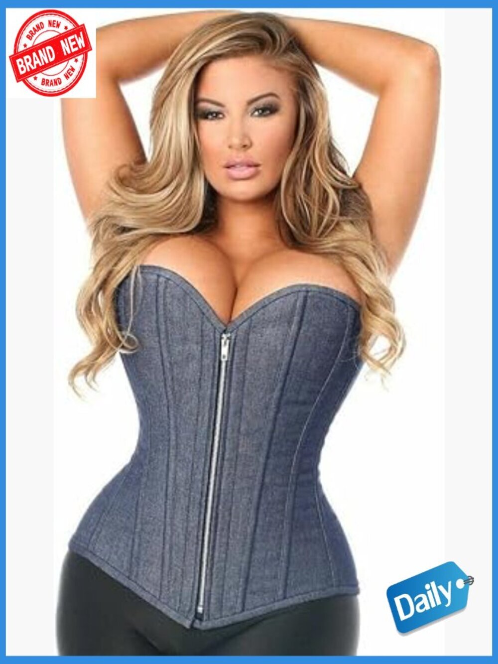 Steel Boned Overbust Corset with Front Zipper, Fully Adjustable Lacing